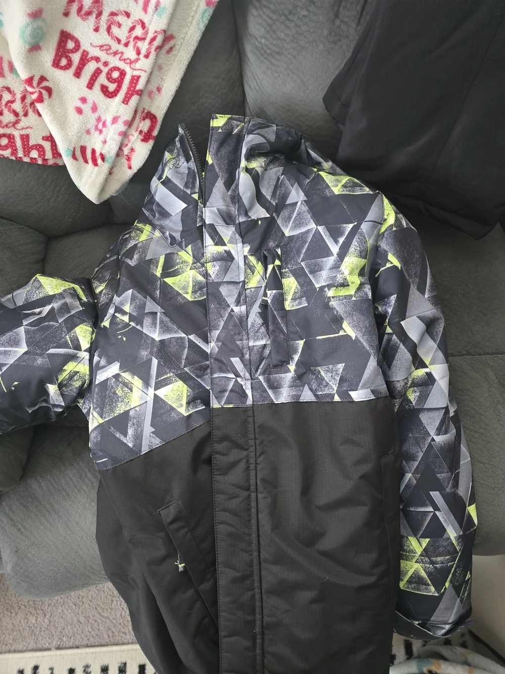 The Children's Place Black Hooded Puffer Coat with Neon Green Geometric Print